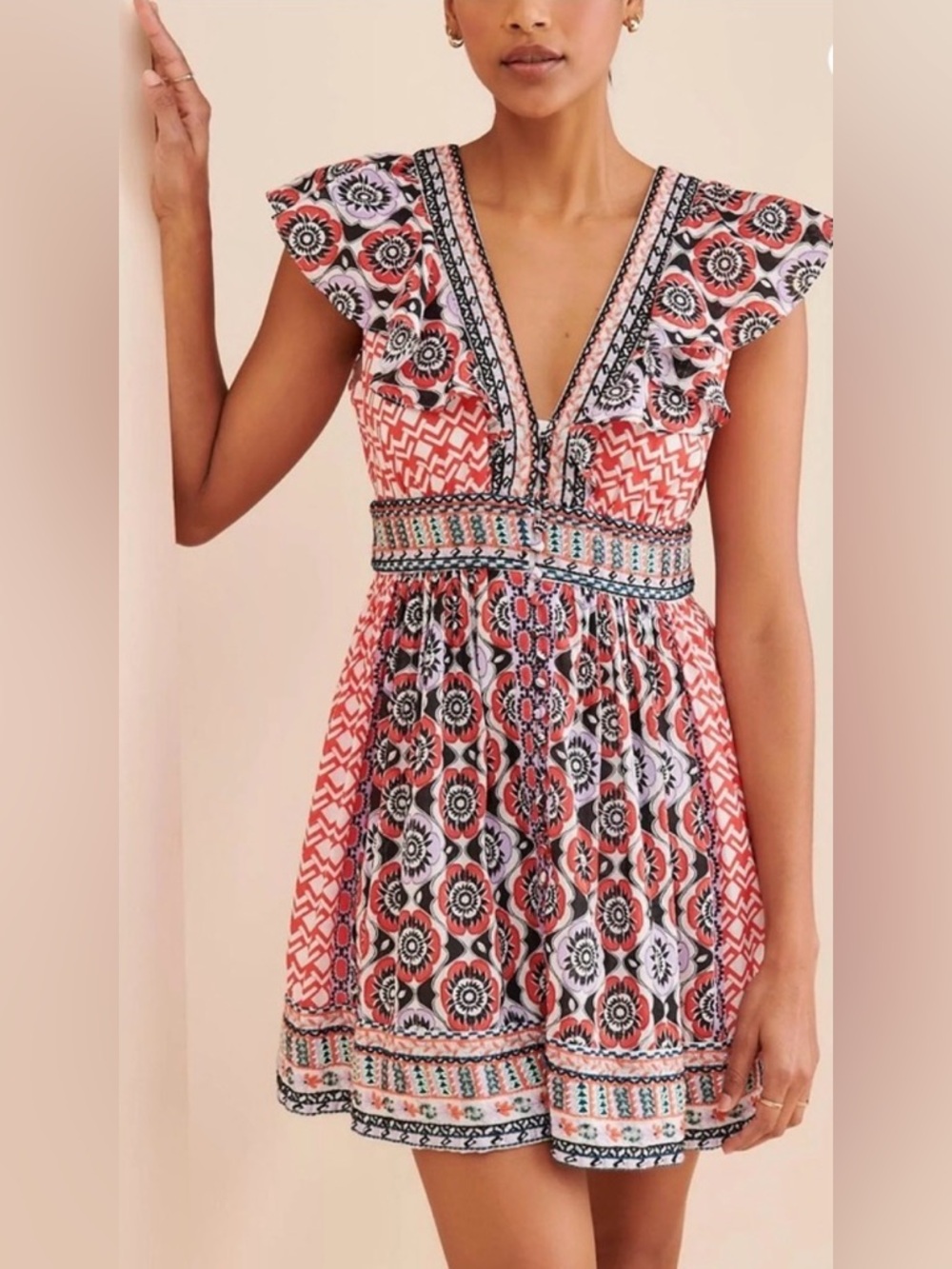 Anthropologie Beaded and Embroidered Flutter Sleeve Mini Dress sz 8